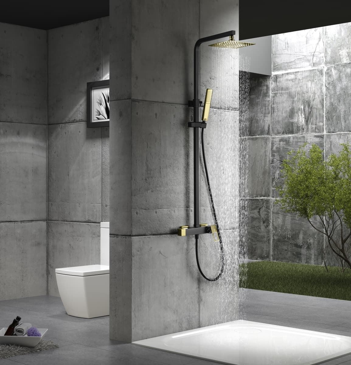 Barra de ducha monomando serie SUECIA acabado oro brillo / negro mate - Imagen 1