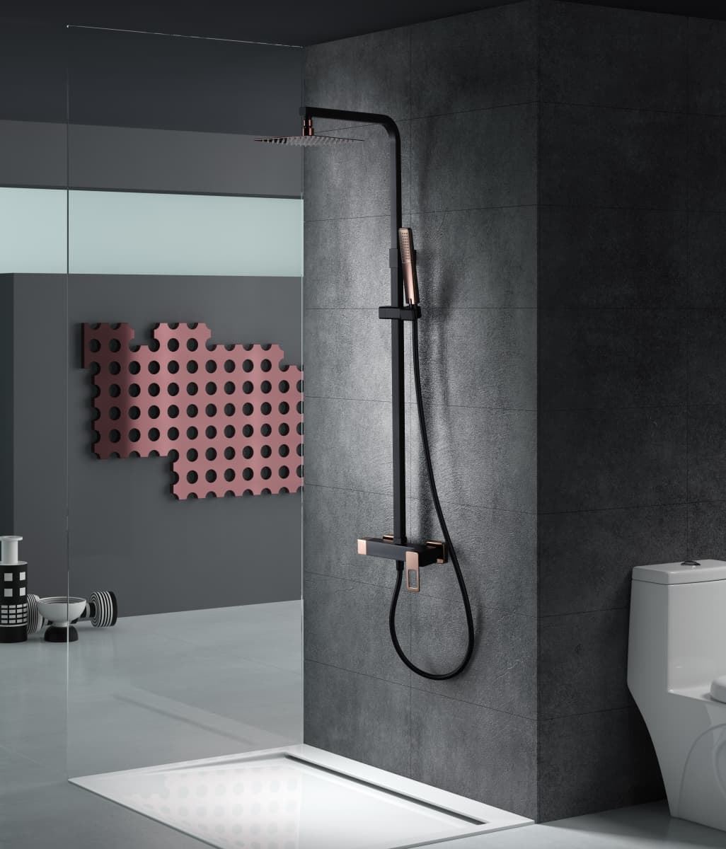 Barra de ducha monomando serie SUECIA acabado oro rosa brillo / negro mate - Imagen 1