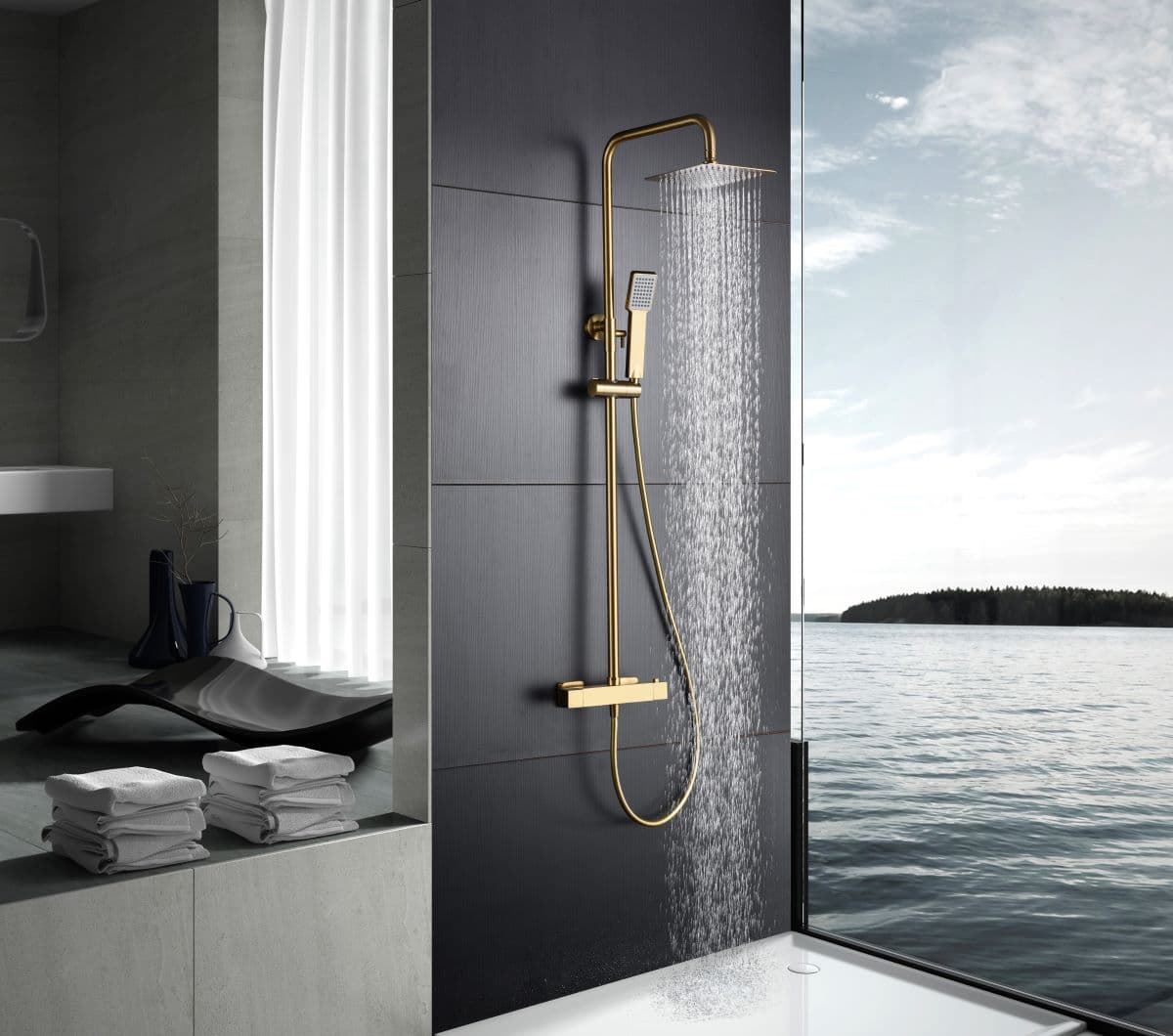 Barra de ducha Termostática serie ART acabado oro cepillado - Imagen 1