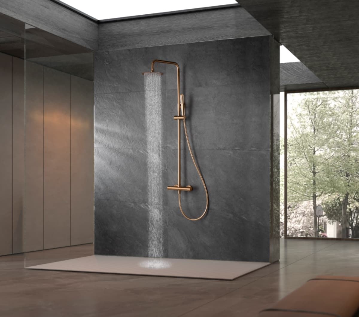 Barra de ducha termostatica serie NAPOLES acabado oro rosa cepillado - Imagen 1