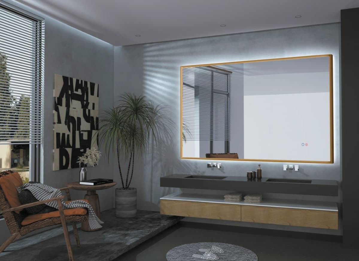 Espejo cuadrado LED luz retroiluminada modelo CALIFORNIA oro cepillado - Imagen 1