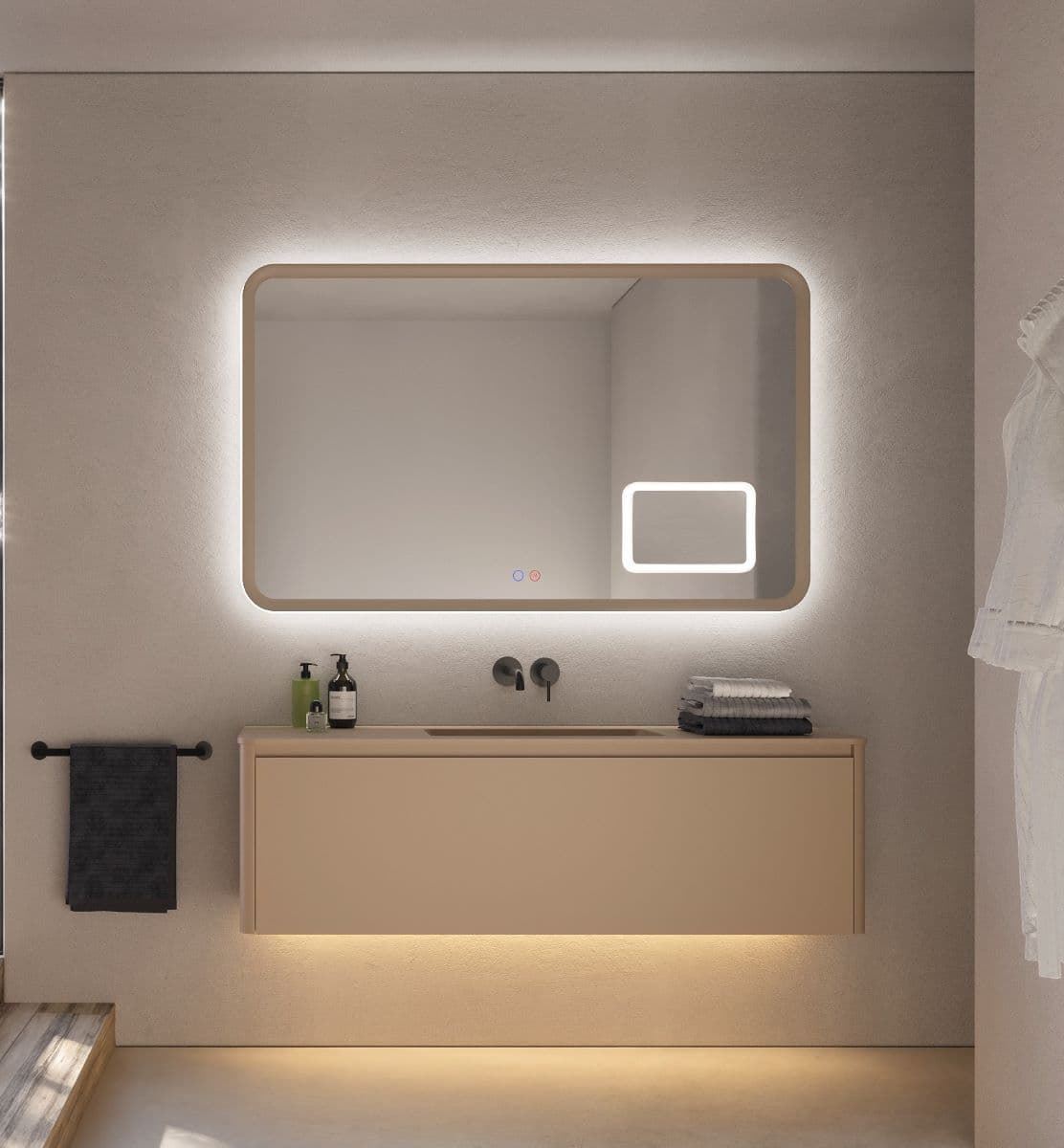 Espejo cuadrado LED luz retroiluminada y perimetral modelo DUOMO con espejo de aumento cuadrado x3 acabado gris cobalto - Imagen 1