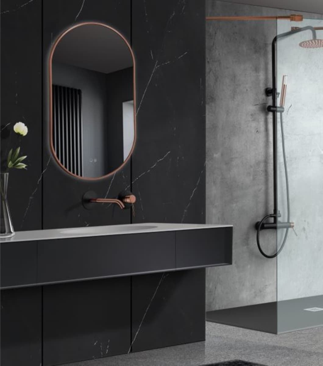 Espejo elíptico LED luz retroiluminada modelo TOKIO 50x90cm acabado oro rosa cepillado - Imagen 1