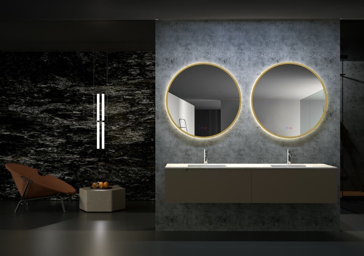 Espejo LED luz retroiluminda modelo FUN 70 cm de diametro acabado oro cepillado. - Imagen 1