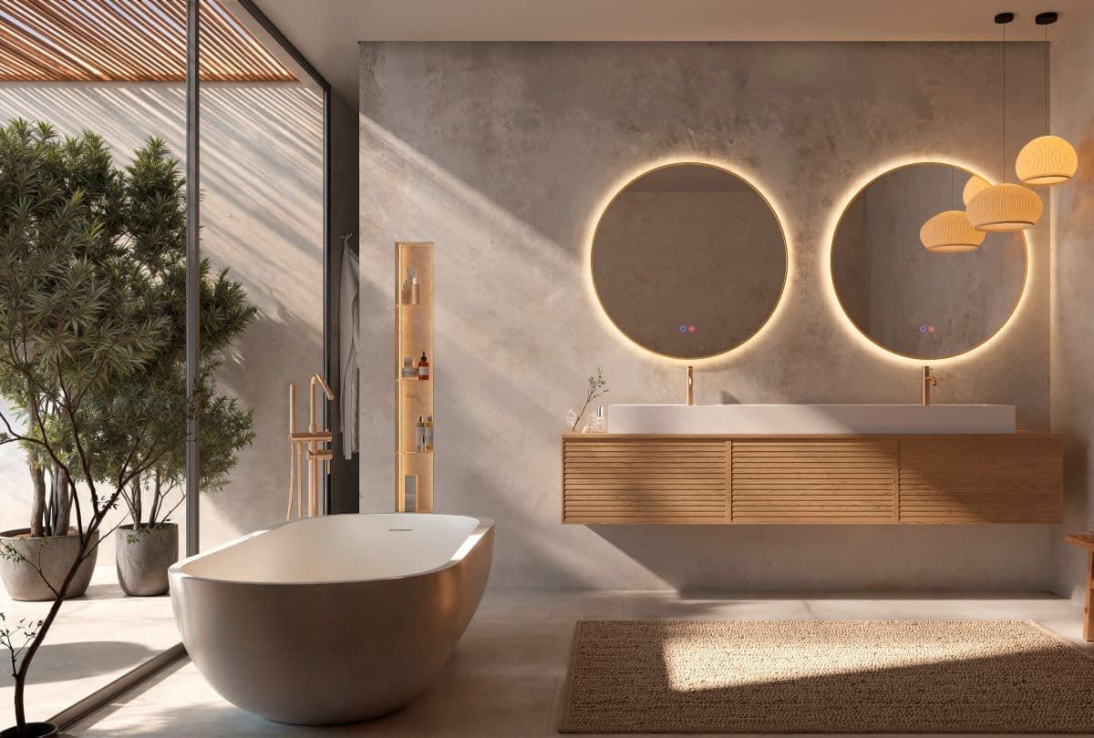 Espejo LED luz retroiluminda modelo FUN 70 cm de diametro acabado oro cepillado. - Imagen 2