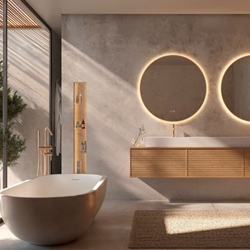 Espejo redondo LED luz retroiluminda modelo FUN 70 cm de diametro acabado oro cepillado. - Imagen 2