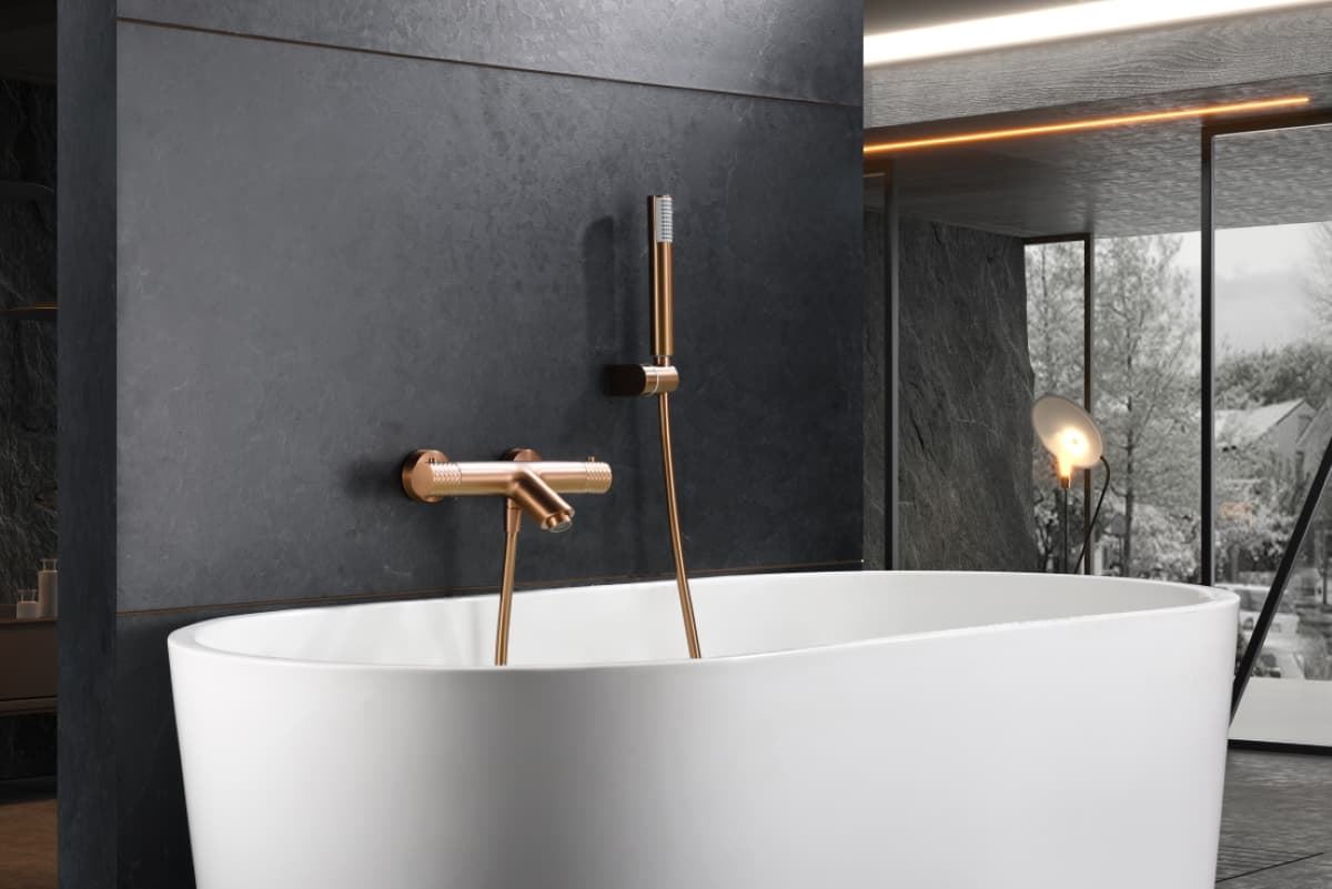 Griferia para baño / ducha Termostática serie GENOVA acabado oro rosa cepillado - Imagen 1