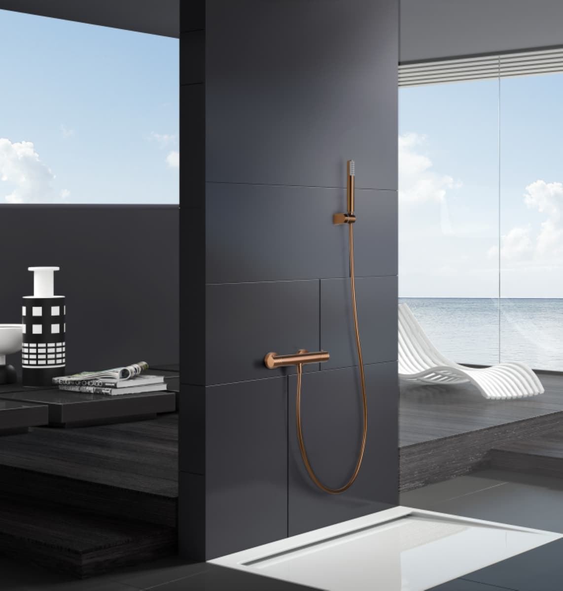 Griferia para ducha Termostática serie GENOVA acabado oro rosa cepillado - Imagen 1