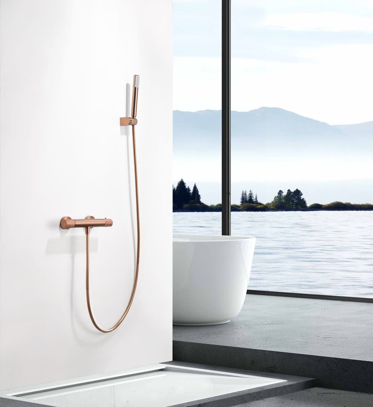 Griferia para ducha Termostática serie LINE acabado oro rosa cepillado - Imagen 1