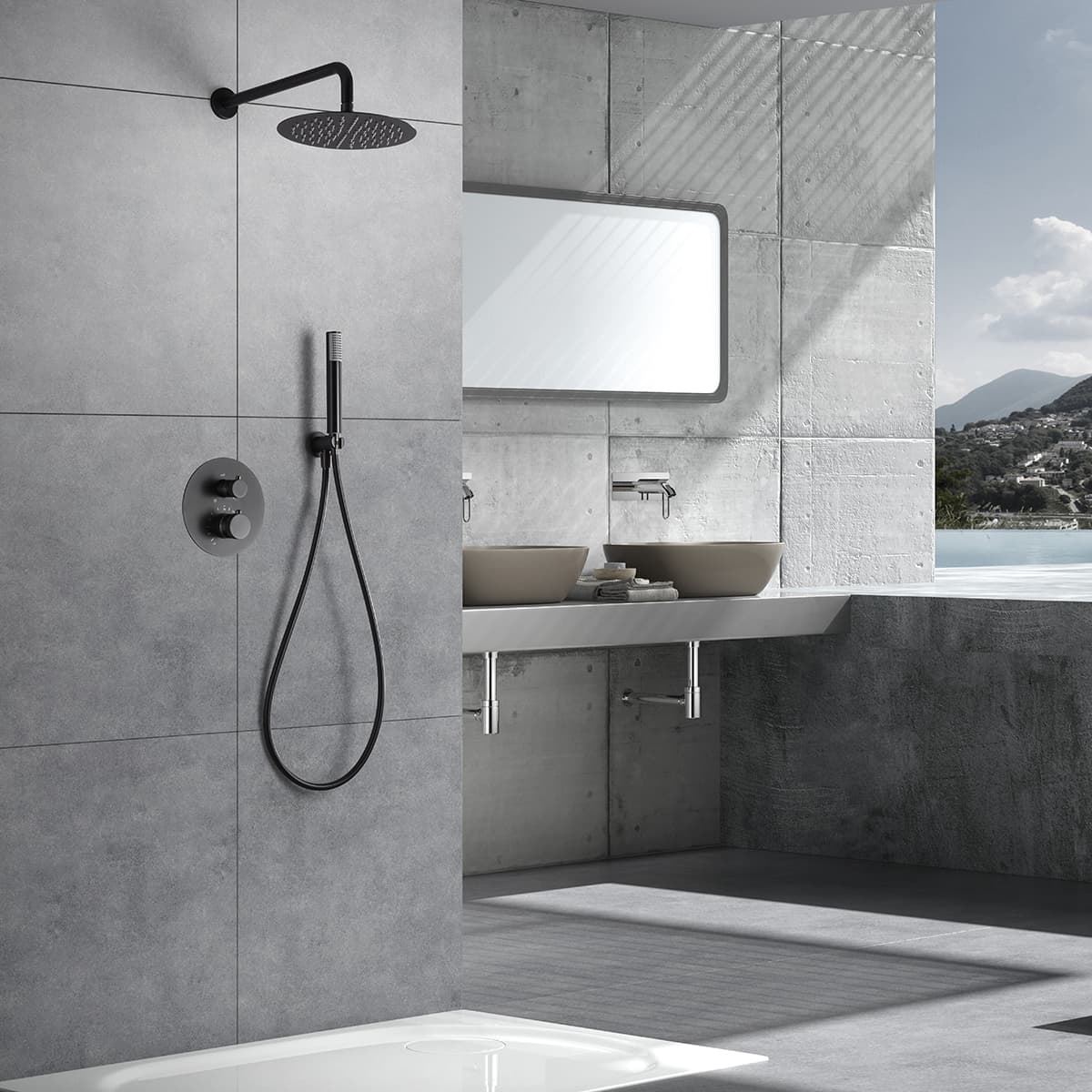 Griferia termostatica empotrada serie LINE acabado negro gun metal - Imagen 1