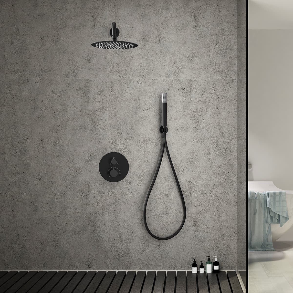 Griferia termostatica empotrada serie LINE acabado negro mate - Imagen 1