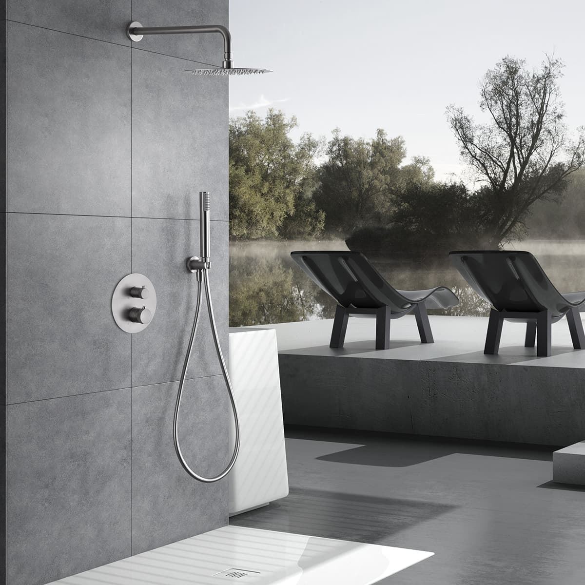 Griferia termostatica empotrada serie LINE acabado niquel cepillado - Imagen 1