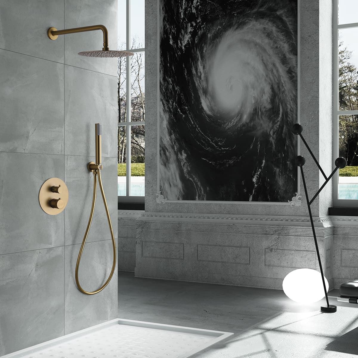 Griferia termostatica empotrada serie LINE acabado oro cepillado - Imagen 1