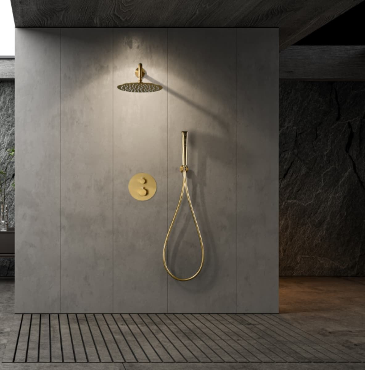 Griferia termostatica empotrada serie NAPOLES acabado oro cepillado - Imagen 1