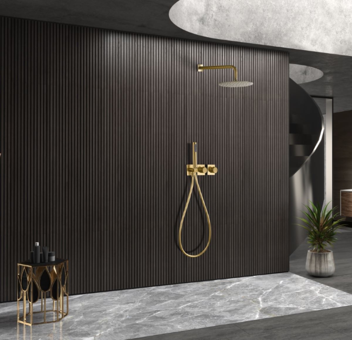 Griferia termostatica empotrada serie TÍBET acabado oro cepillado - Imagen 1