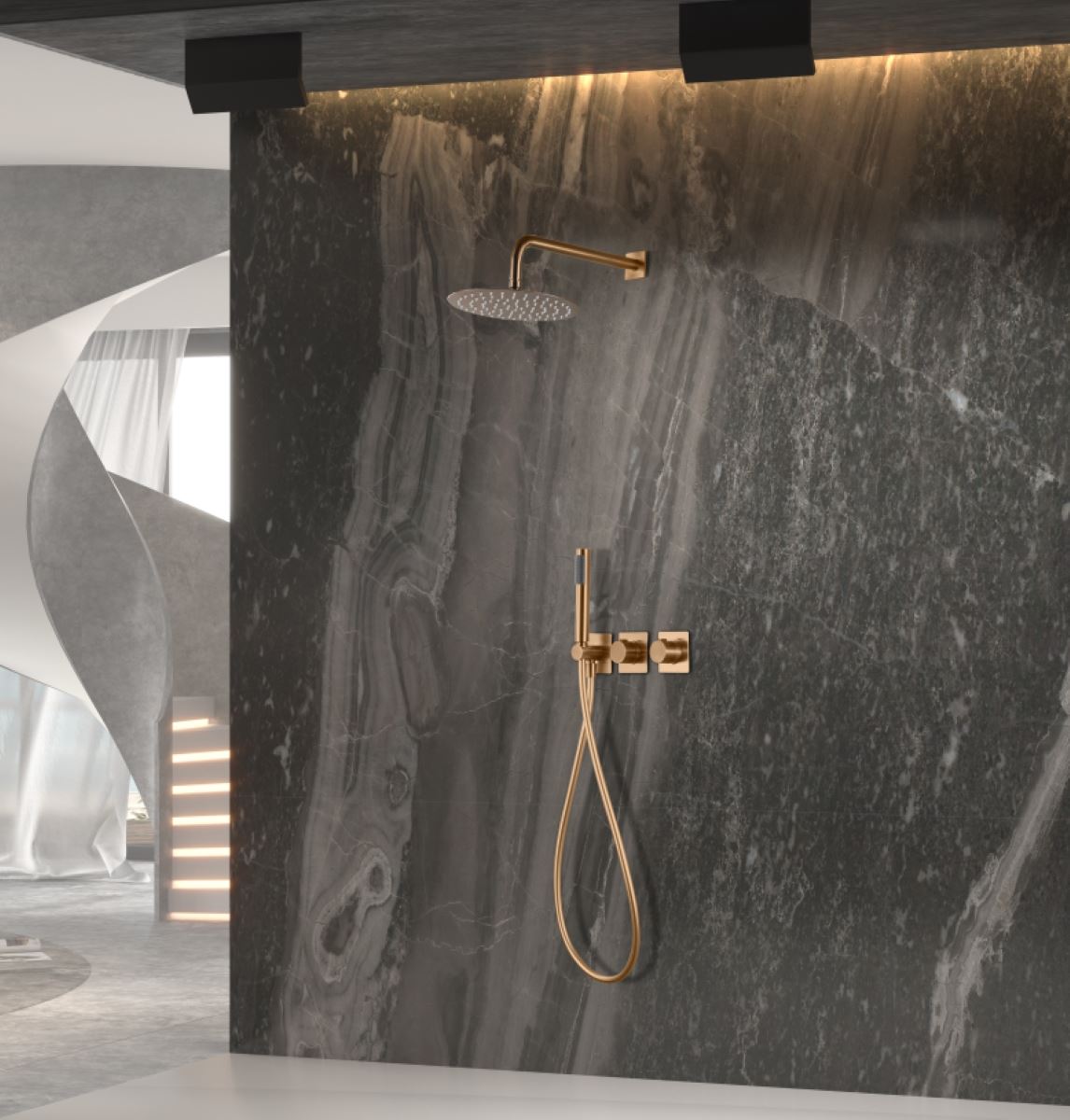 Griferia termostatica empotrada serie TÍBET acabado oro rosa cepillado - Imagen 1