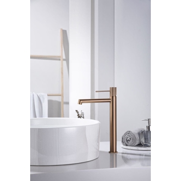 Grifo de lavabo alto monomando serie LINE acabado oro rosa cepillado - Imagen 1