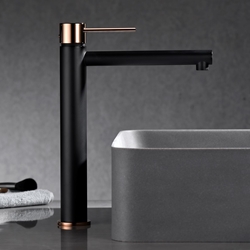 Grifo de lavabo alto monomando serie MILOS acabado oro rosa brillo / negro mate - Imagen 1