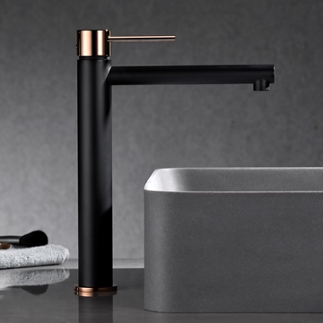 Grifo de lavabo alto monomando serie MILOS acabado oro rosa brillo / negro mate - Imagen 1