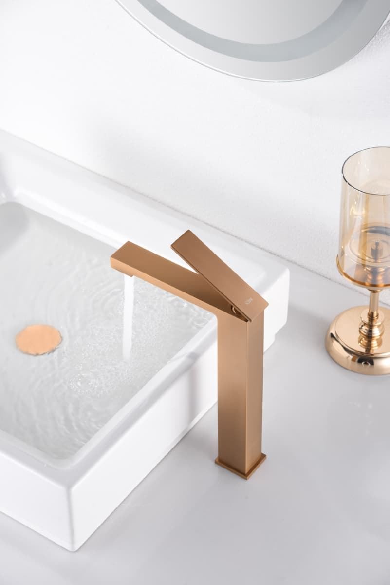 Grifo de lavabo alto monomando serie PISA acabado oro rosa cepillado - Imagen 1