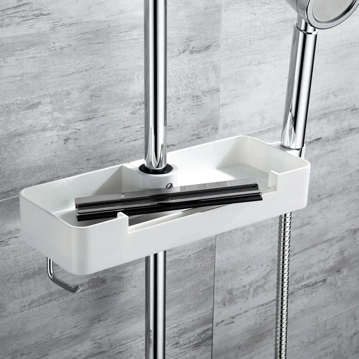 Jabonera para barra de ducha con limpia mamparas acabado blanco brillo - Imagen 1