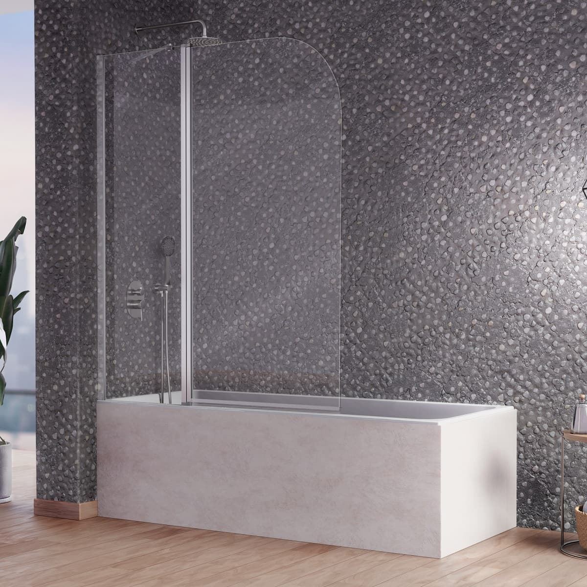 Mampara de bañera doble hoja de cristal fija + abatible plata brillo modelo RITA - Imagen 1